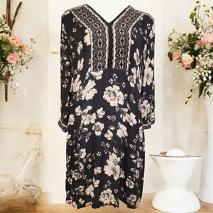 Garnet Hill Womens Dress Millie Crepe Black Ivory Floral Cottagecore Pullover
